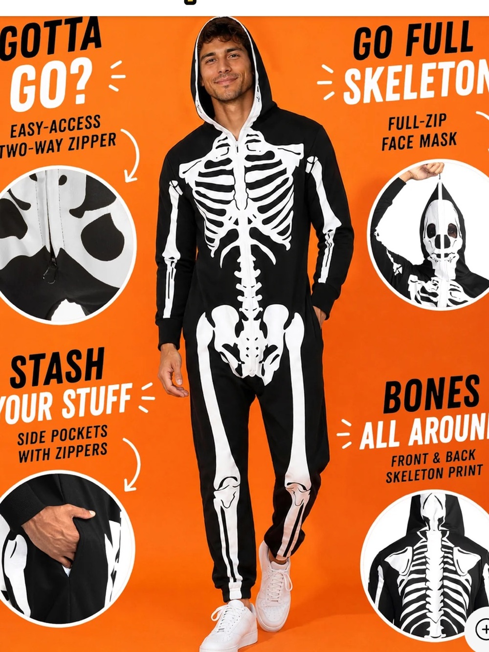 Tipsy Elves Black & White Skeleton Hooded Costume Onesie XL